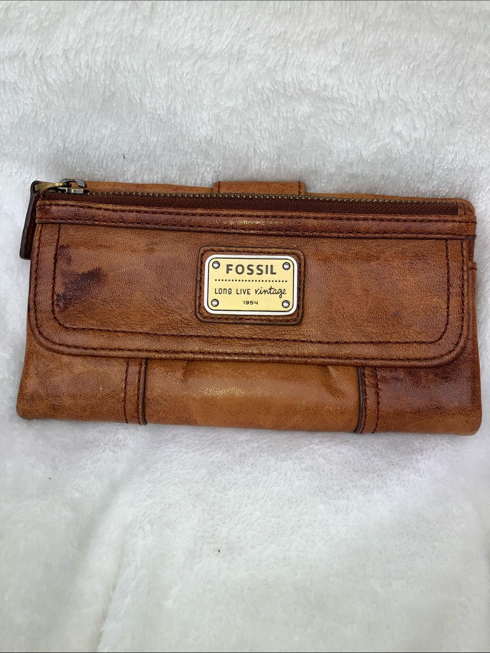 Fossil Brown Leather Zip & Flap Wallet with Gold Plaque